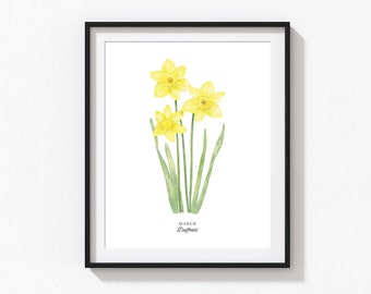 Daffodil Art Print, Personalized March Birth Flower Print, Watercolor Daffodil, Custom Baby Gift, Birth Flower Wall Art