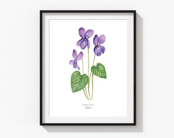 Violet Art Print, Personalized February Birth Flower Print, Watercolor Violets, Custom Baby Gift, Birth Flower Wall Art