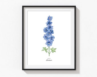 Larkspur Art Print, Personalized July Birth Flower Print, Watercolor Larkspur, Custom Baby Gift, Birth Flower Wall Art