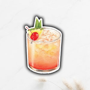 May include: A watercolor illustration of a cocktail with a cherry and pineapple garnish. The drink is in a glass with ice and is a light orange color.