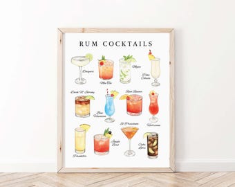 Rum Cocktails Print, Digital Download, Bar Cart Printable, Cocktail Wall Art, Kitchen Wall Art, Rum Lover Gift, Bar Decor, Rum Bar Sign