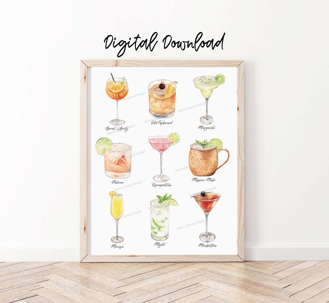 printable kitchen prints wall art, set of 6, hand... 9 Classic Cocktails Print, Digital Download, Printable Cocktail Wall ...