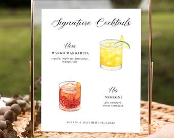 Signature Cocktail Sign Semi Custom, Wedding Bar Menu, Hand Painted Watercolor, 8x10 or 11x14