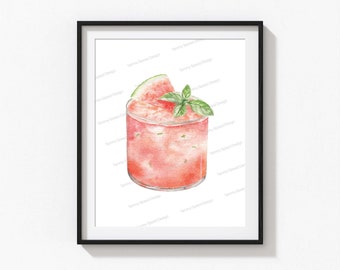 Watermelon Margarita Art Print, Bar Cart Decor, Cocktail Art Print, Signature Drink Sign, Bar Cart Prints, Watercolor Cocktail
