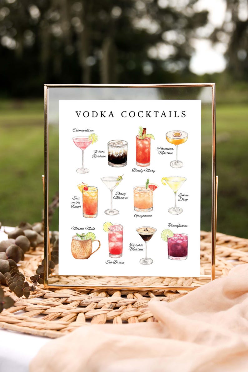 Vodka Cocktails Print, Digital Download, Bar Cart Printable, Cocktail