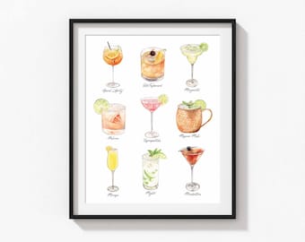 May include: A watercolor illustration of nine different cocktails, including a margarita, a Moscow mule, a mimosa, and a cosmopolitan. Each cocktail is labeled with its name.