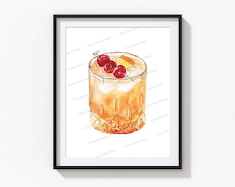 Wisconsin Old Fashioned Art Print, Bar Cart Decor, Cocktail Art Print, Signature Drink Sign, Old Fashioned Wall Art, Watercolor
