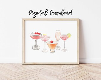 Pink Cocktails Print, Hand Painted Watercolor, Digital Download