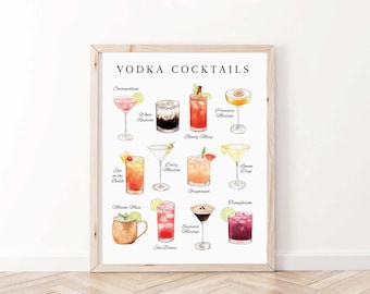 Vodka Cocktails Print, Digital Download, Bar Cart Printable, Cocktail Wall Art, Kitchen Wall Art, Vodka Lover Gift, Bar Decor, Bar Sign