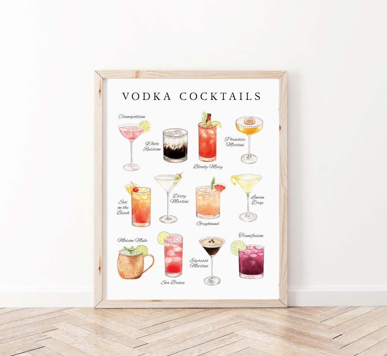 Vodka Cocktails Print, Digital Download, Bar Cart Printable, Cocktail