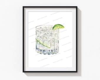 Gin and Tonic Art Print, Bar Cart Decor, Cocktail Art Print, Signature Drink Sign, Gin and Tonic Wall Art, Watercolor Gin and Tonic Painting