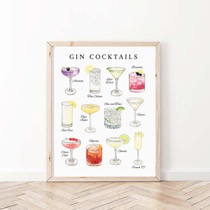 Gin Cocktails Print, Digital Download, Bar Cart Printable, Cocktail Wall Art, Kitchen Wall Art, Gin Lover Gift, Bar Decor, Gin Bar Sign