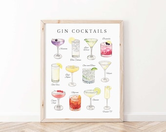 Gin Cocktails Print, Digital Download, Bar Cart Printable, Cocktail Wall Art, Kitchen Wall Art, Gin Lover Gift, Bar Decor, Gin Bar Sign
