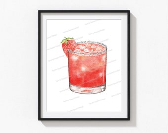 Strawberry Margarita Art Print, Bar Cart Decor, Watercolor Cocktail Art Print, Signature Drink Sign, Bar Wall Art