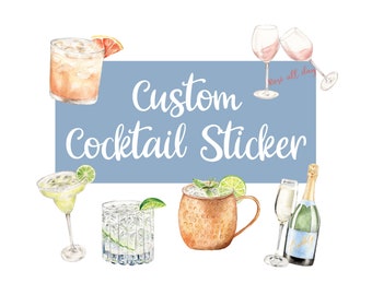 Custom Cocktail Sticker, Hand Painted Watercolor, Signature Drink, Wedding Bar Sign