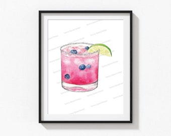 Blueberry Margarita Art Print, Bar Cart Decor, Watercolor Cocktail Art Print, Signature Drink Sign, Bar Wall Art