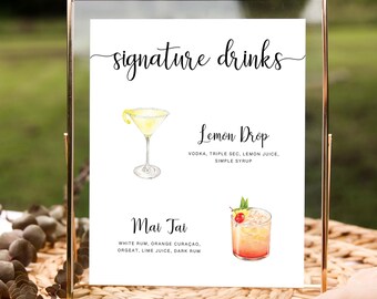 Signature Drinks Sign Semi Custom, Wedding Bar Menu, Hand Painted Watercolor, 8x10 or 11x14