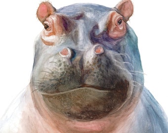Hippopotamus Watercolor Portrait - Digital Download