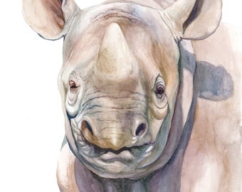 Portrait aquarelle rhinocéros noir impression - 11 x 14