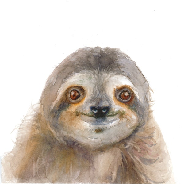 Three-Toed Sloth Watercolor Portrait - Digital Download