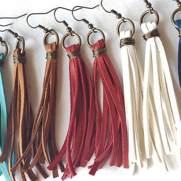 Genuine Leather 3"Tassel Fringe Earrings Lightweight, Blue, Red Boho, Dangle, Country Chic, Trendy, Fringe Lace Statement Earrings, Handmade