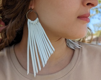 White Leather Fringe Earrings, Boho Tassel Jewelry