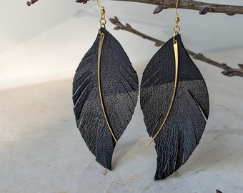 Black leather feather earring, 4 sizes handmade black feather, matte black feather, black boho fringe feather, black tassel feathers