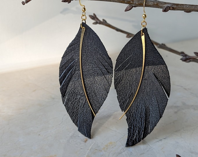 Handmade Black Leather Feather Earrings, Boho Fringe, Dangle Statement Earrings