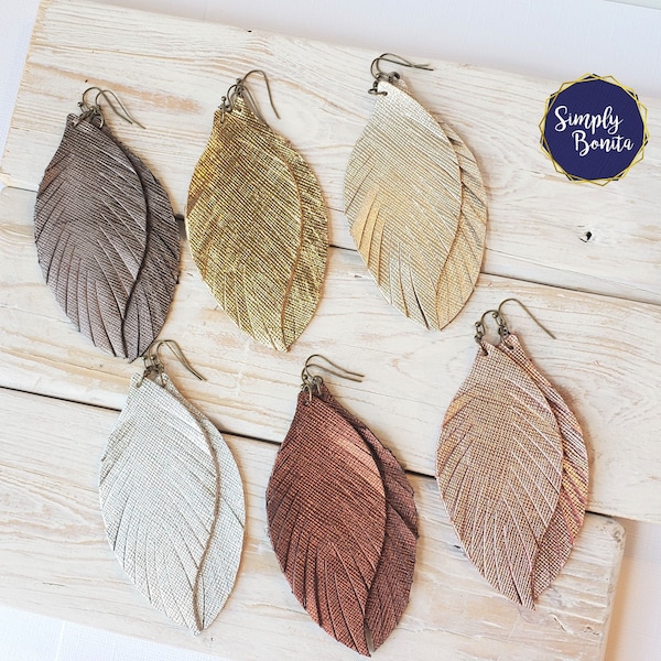 Metallic 3.5" Feather Leather Earrings Lightweight, Metallics, Boho, Dangle, Country Chic, Trendy, Multicolor Feather Statement Earrings