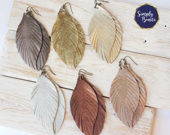 Metallic 3.5" Feather Leather Earrings Lightweight, Metallics, Boho, Dangle, Country Chic, Trendy, Multicolor Feather Statement Earrings