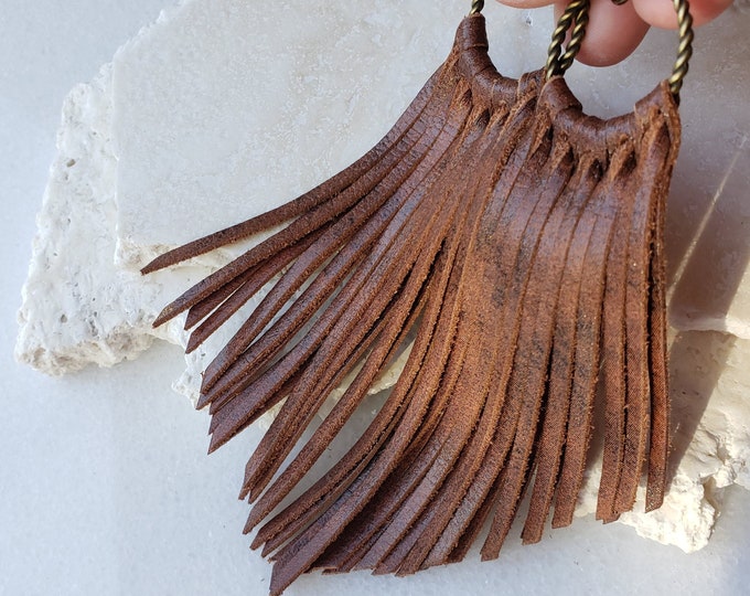 Brown Leather Fringe Earrings, Boho Tassel, Western Jewelry