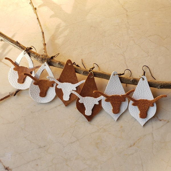 Texas Longhorn Leather earrings, 2" White Honey Burnt Orange, Hook 'em Texas, University of Texas Longhorns, UT Longhorn Football earrings