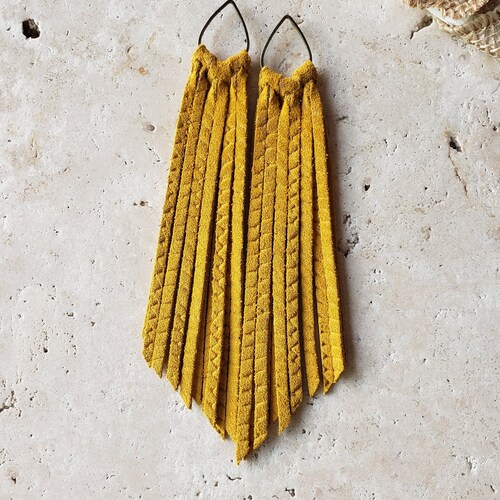 Golden Yellow Leather Fringe Boho Earrings Mustard Sunshine Etsy