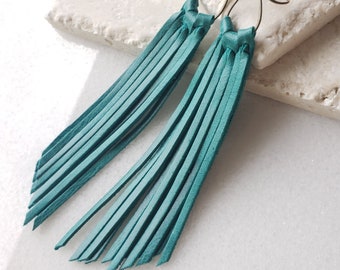 Turquoise Leather Fringe Earrings, Boho Western Style