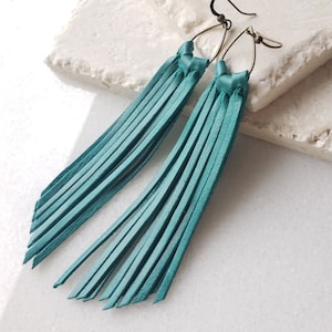 Türkis Leder Fransen Ohrringe, Boho Western Stil