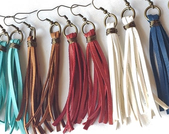 Genuine Leather 3"Tassel Fringe Earrings Lightweight, Blue, Red Boho, Dangle, Country Chic, Trendy, Fringe Lace Statement Earrings, Handmade