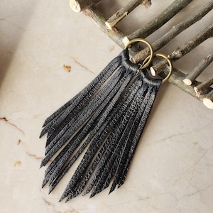 Black Soft Metallic Leather Fringe Earrings, 4" Black Metallic Fringe, Black Boho Tassel, Black Boho Fringe, Black Leather Tassels Earrings