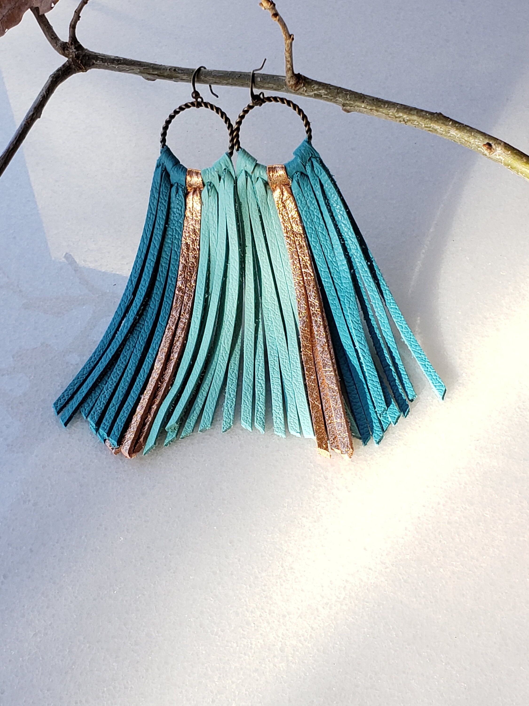 Turquoise Leather Fringe Earrings Gold Fringe Earrings Teal