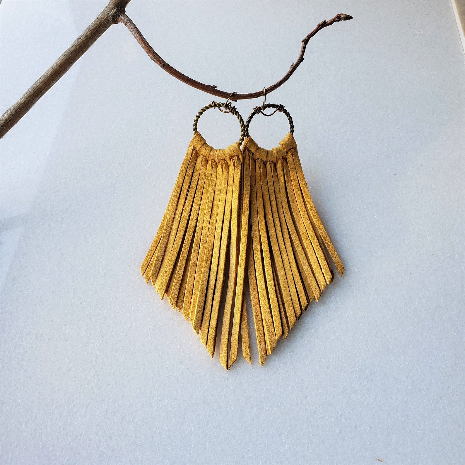 Golden Yellow Leather Fringe Boho Earrings Mustard Sunshine Etsy