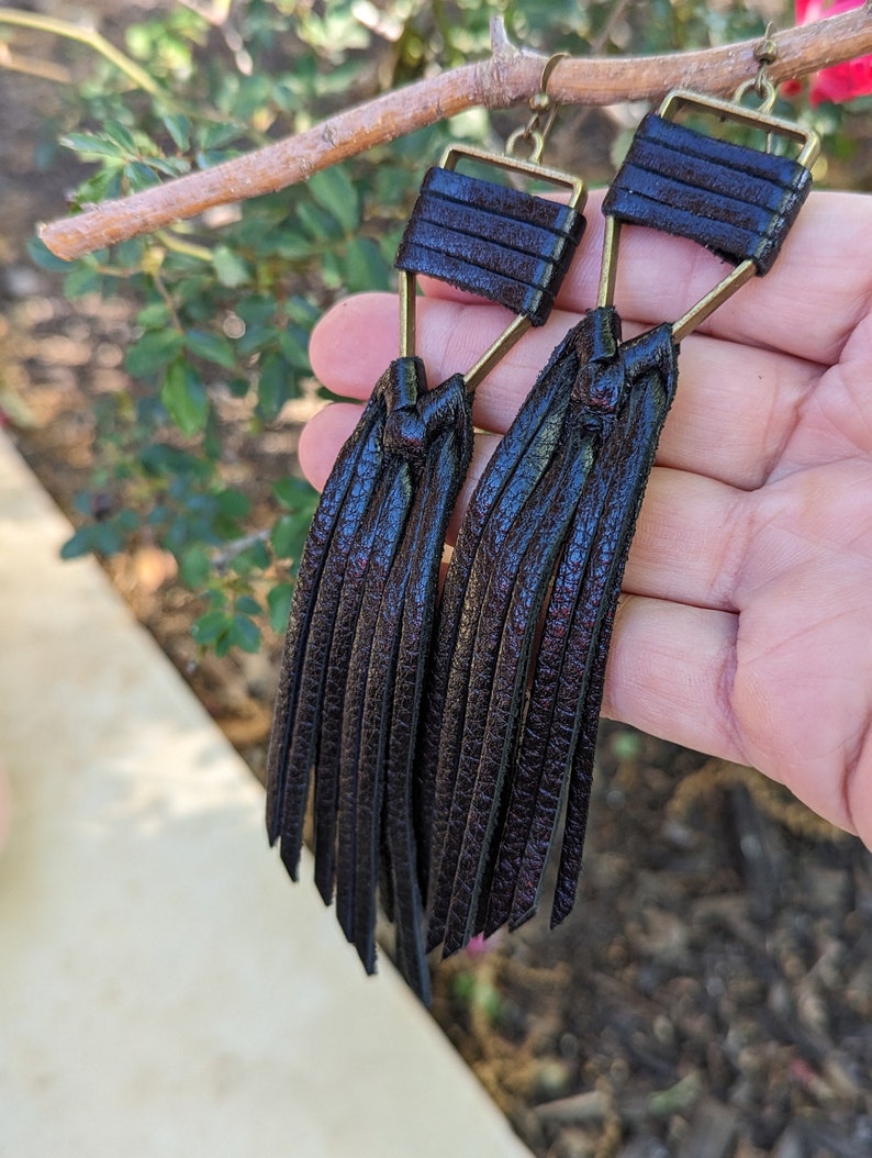 Black Metallic Leather Fringe Earrings, Boho Tassel Dangle - Etsy