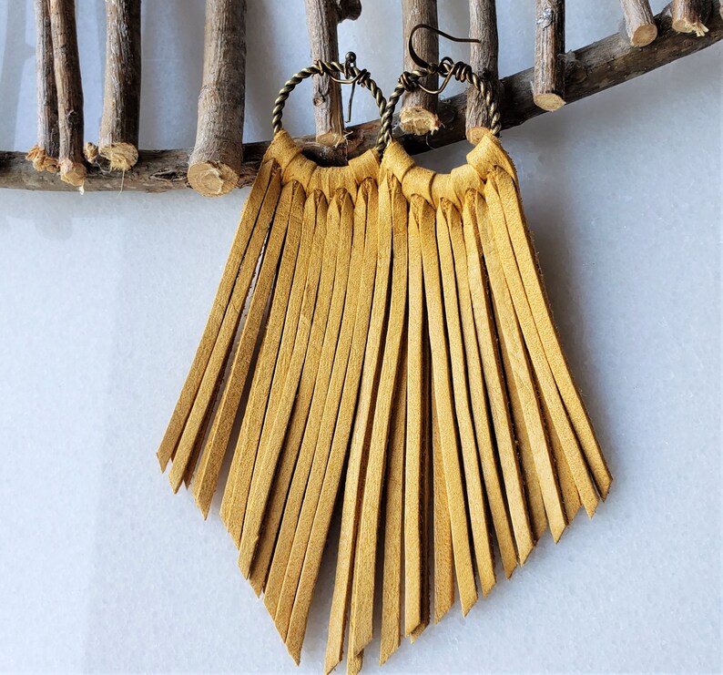 Golden Yellow Leather Fringe Boho Earrings Mustard Sunshine Etsy