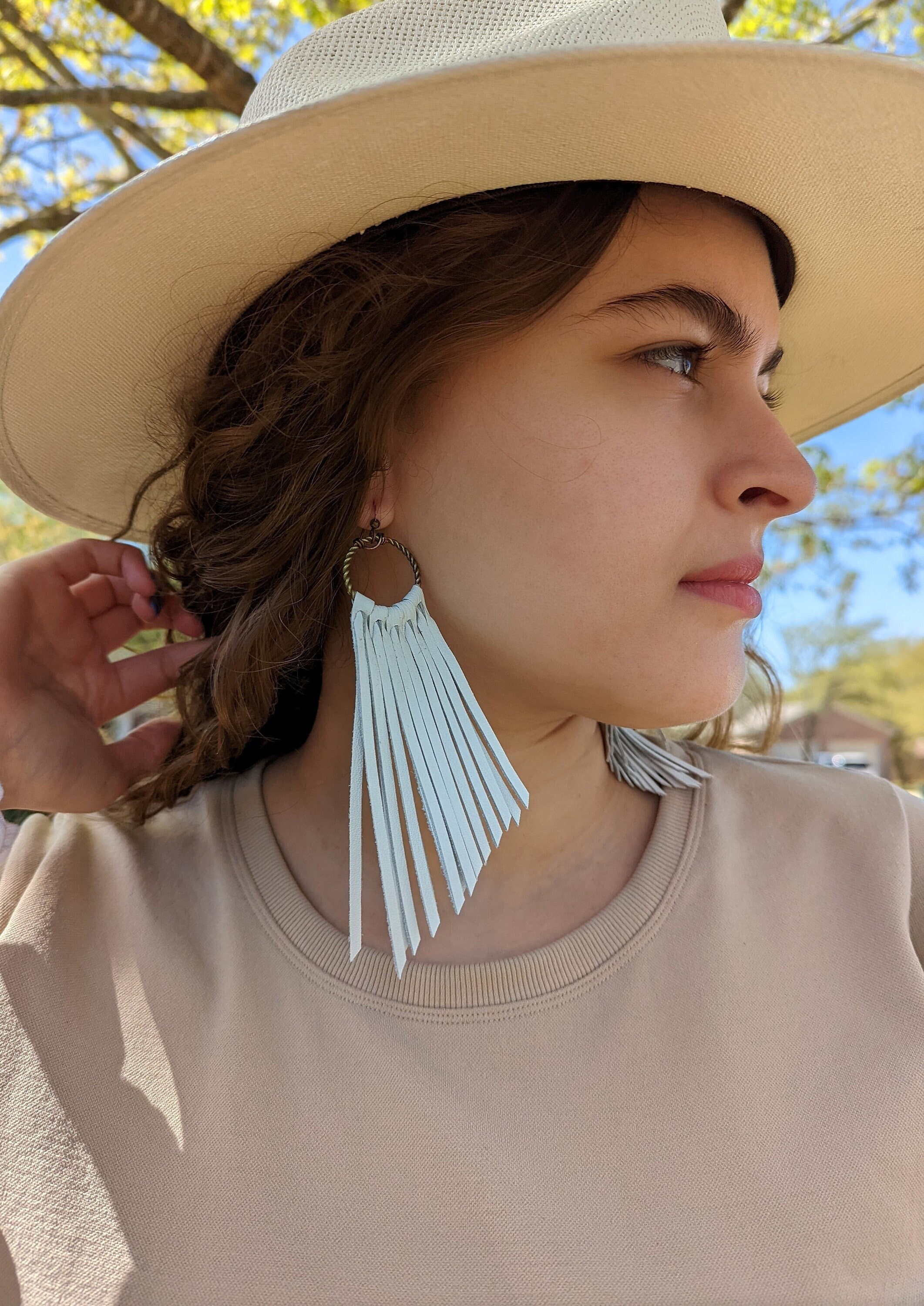 Orecchini In Pelle Con Frange Bohémien – Triangolo, Leggeri, Stile Selvaggio, Colore Bianco - 2