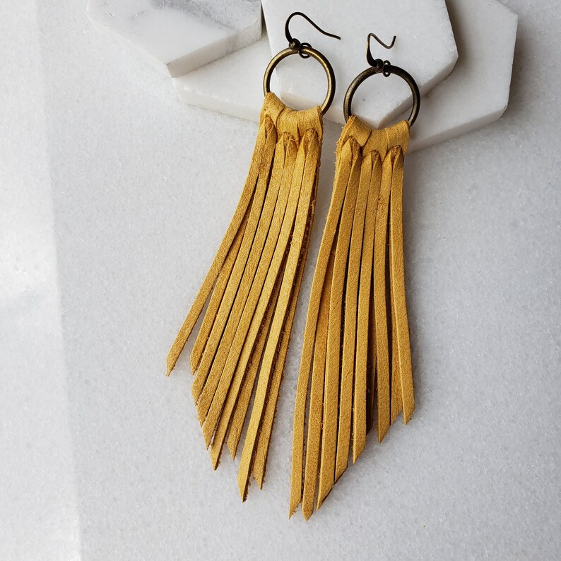 Golden Yellow Leather Fringe Boho Earrings Mustard Sunshine Etsy
