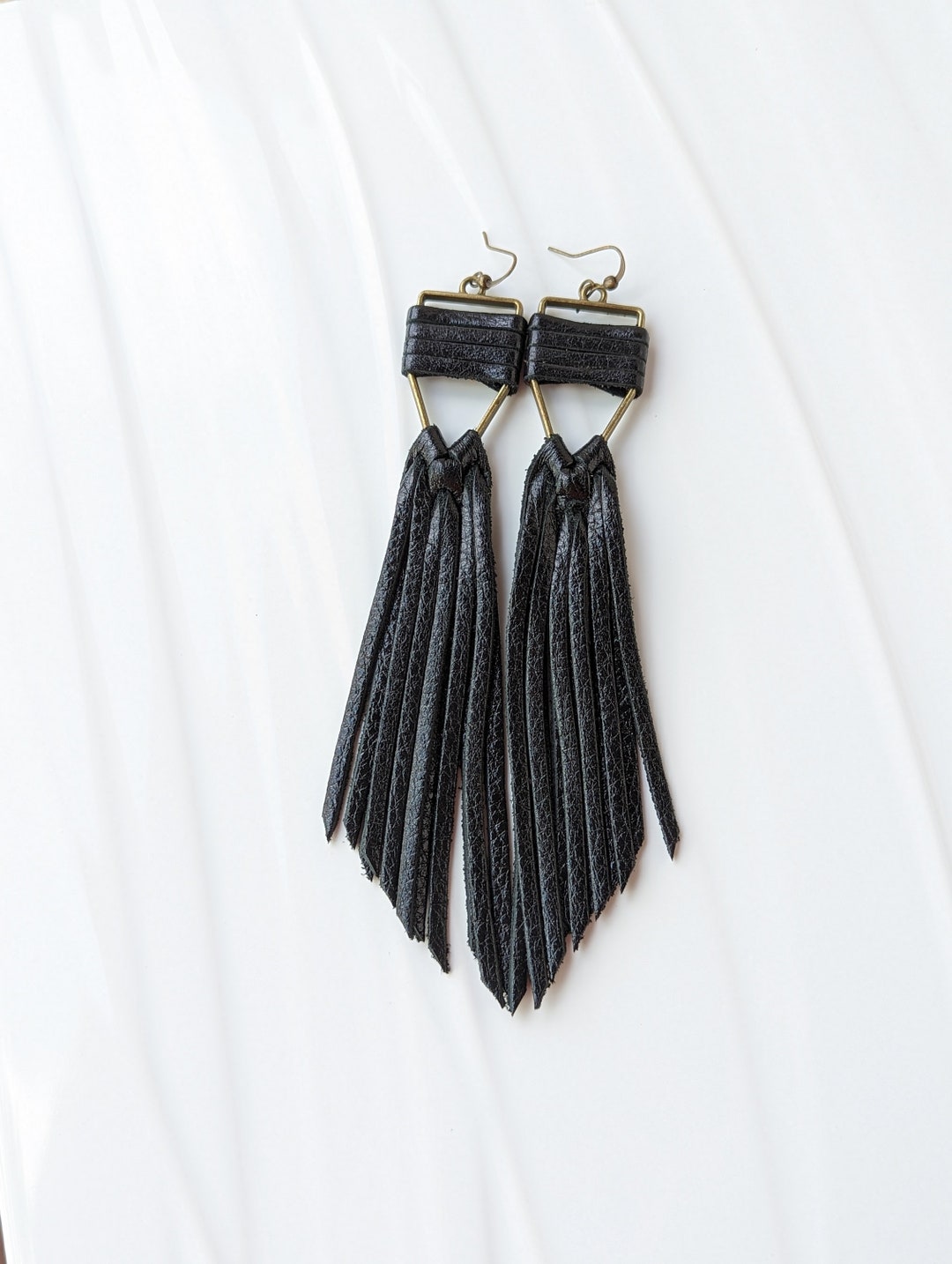 Black Metallic Leather Fringe Earrings, Boho Tassel Dangle - Etsy