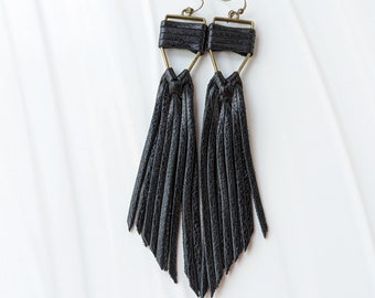 Black soft metallic leather fringe earring, 5.5" black metallic fringe dangle, black boho tassels, long black metallic leather tassel fringe