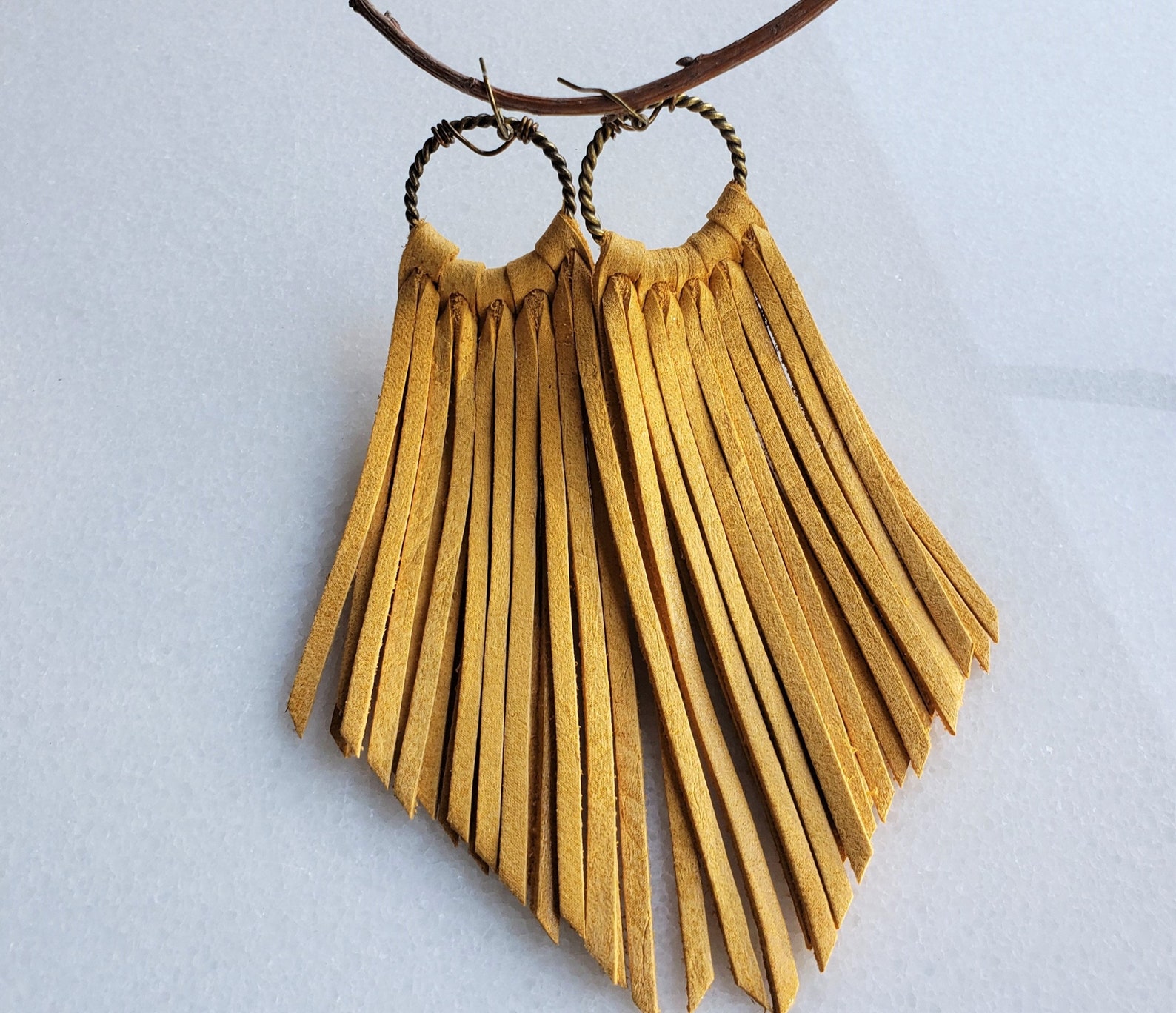 Golden Yellow Leather Fringe Boho Earrings Mustard Sunshine Etsy
