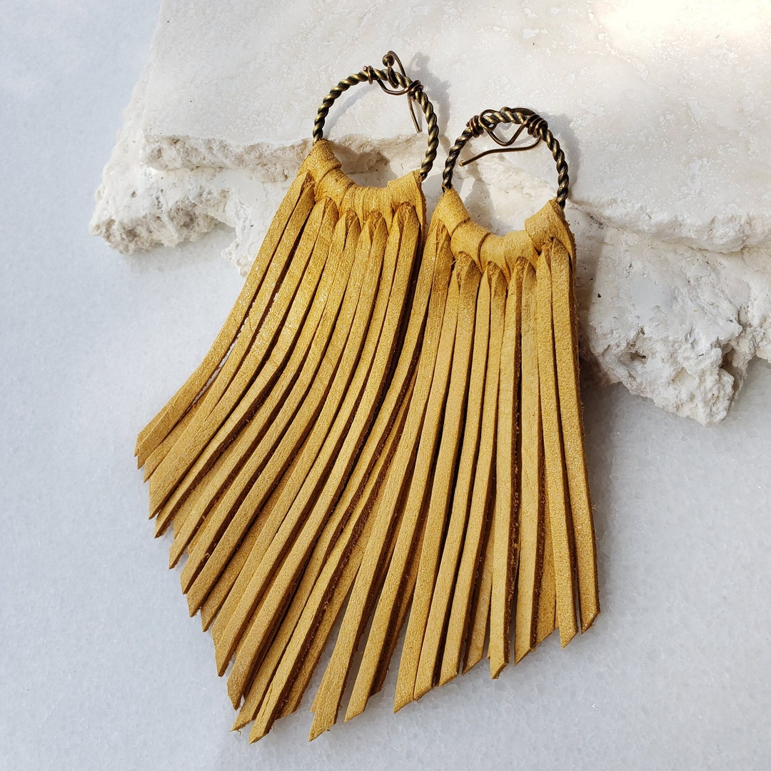 Golden Yellow Leather Fringe Boho Earrings Mustard Sunshine Etsy