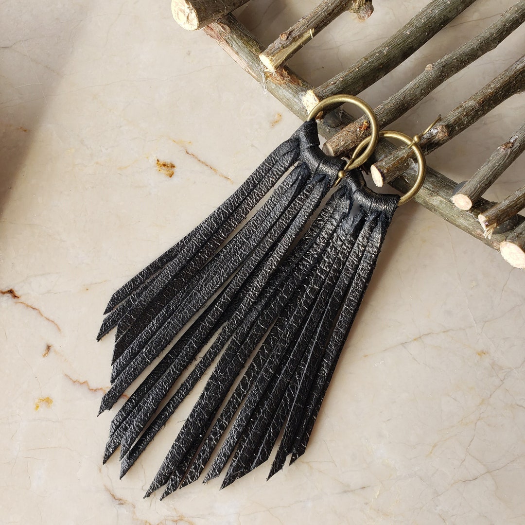 Black Metallic Leather Fringe Earrings, Boho Tassel Earrings - Etsy