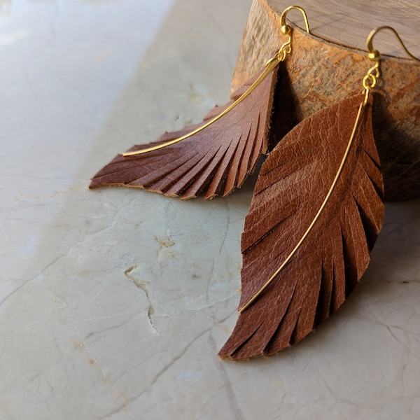 Whiskey Brown Leather Feather Earrings, Boho Dangle, Handmade
