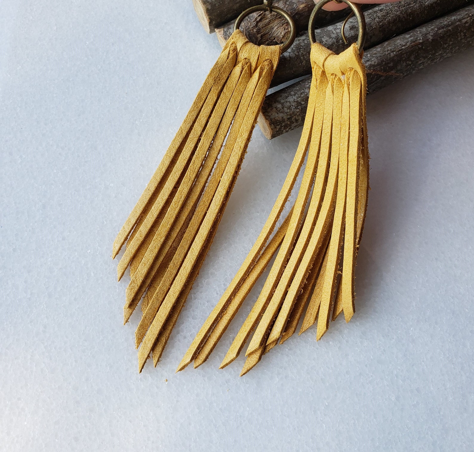 Golden Yellow Leather Fringe Boho Earrings Mustard Sunshine Etsy
